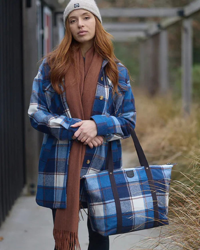 Fitzroy Check Coloured Swanndri Womens Anchorage Longline Jacket on outdoor background #colour_fitzroy-check