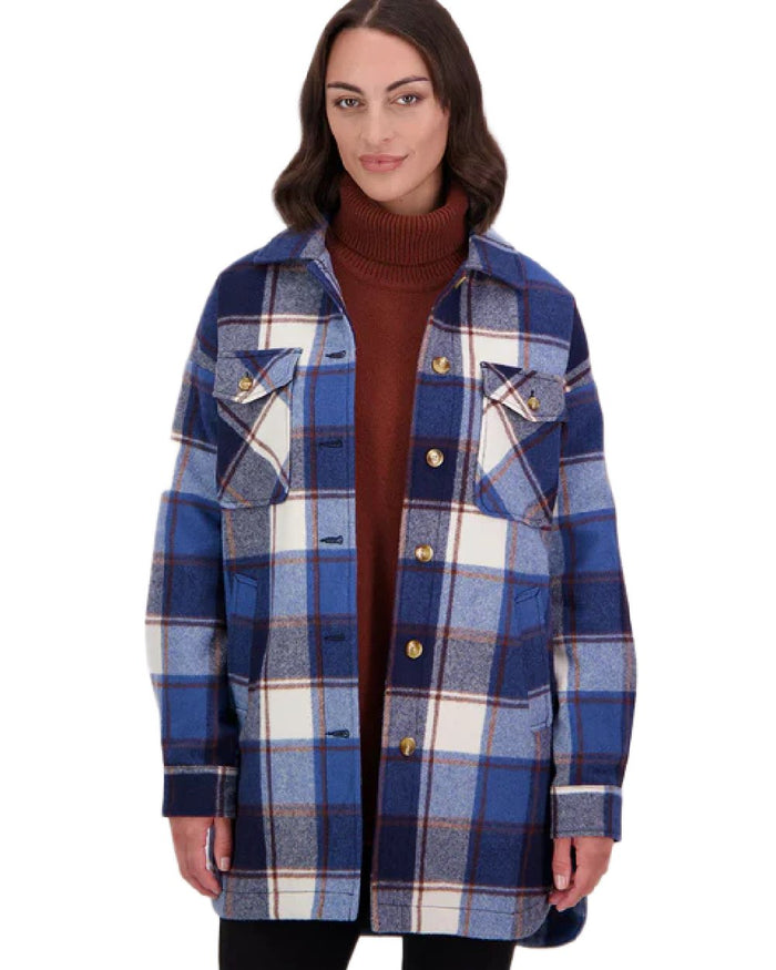 Fitzroy Check Coloured Swanndri Womens Anchorage Longline Jacket on white background #colour_fitzroy-check