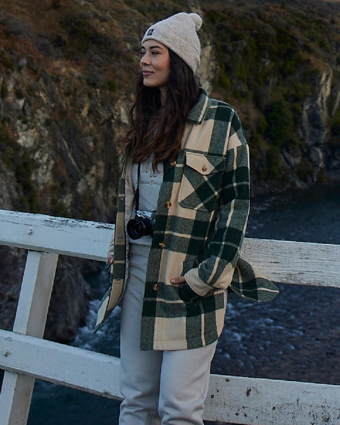 Limestone Check Coloured Swanndri Womens Anchorage Longline Jacket on outdoor background #colour_limestone-check