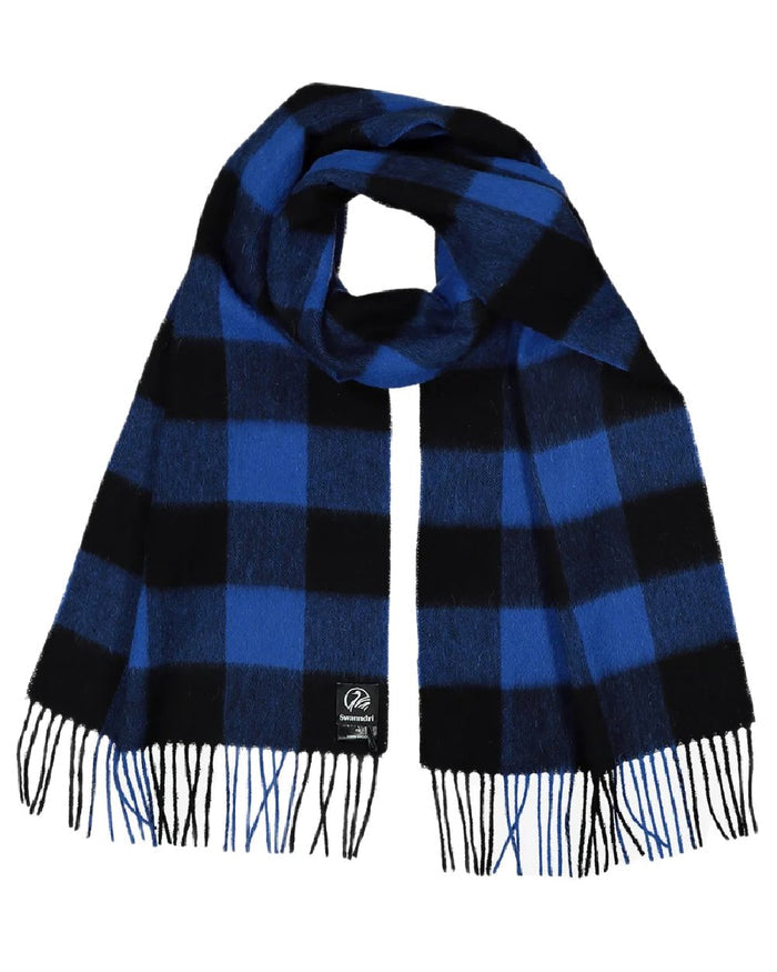 Blue Black Check Coloured Swanndri Wool Scarfie on white background #colour_blue-black-check