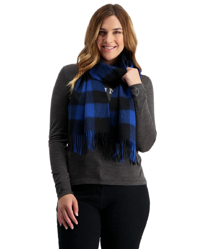 Blue Black Check Coloured Swanndri Wool Scarfie on white background #colour_blue-black-check