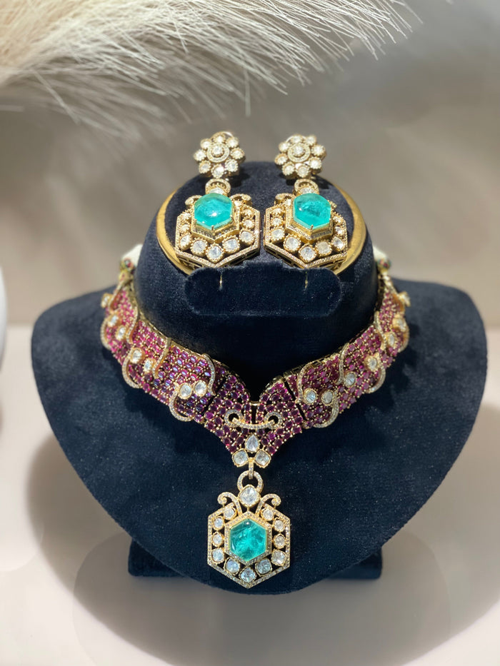 Turquoise-Emerald Choker Necklace Set