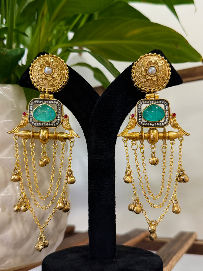 Twin Parrot Teal Stone Pearl Coin Ghungroo Chain Kashmiri Earrings