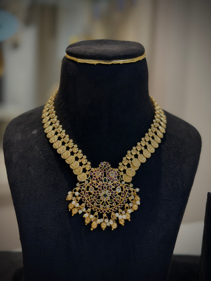 Vedic Temple Gold Lakshmi Kasu Short Necklace Set