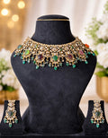 Victorian Polki Carved Navratan Stone Choker Necklace Set
