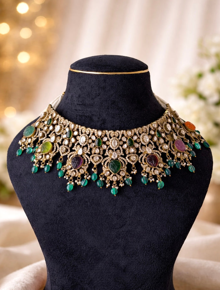 Victorian Polki Carved Navratan Stone Choker Necklace Set