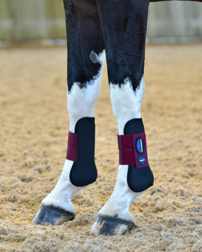 Black Burgundy Coloured WeatherBeeta Tough-Tec Prime Open Front Boots on horse background #colour_black-burgundy