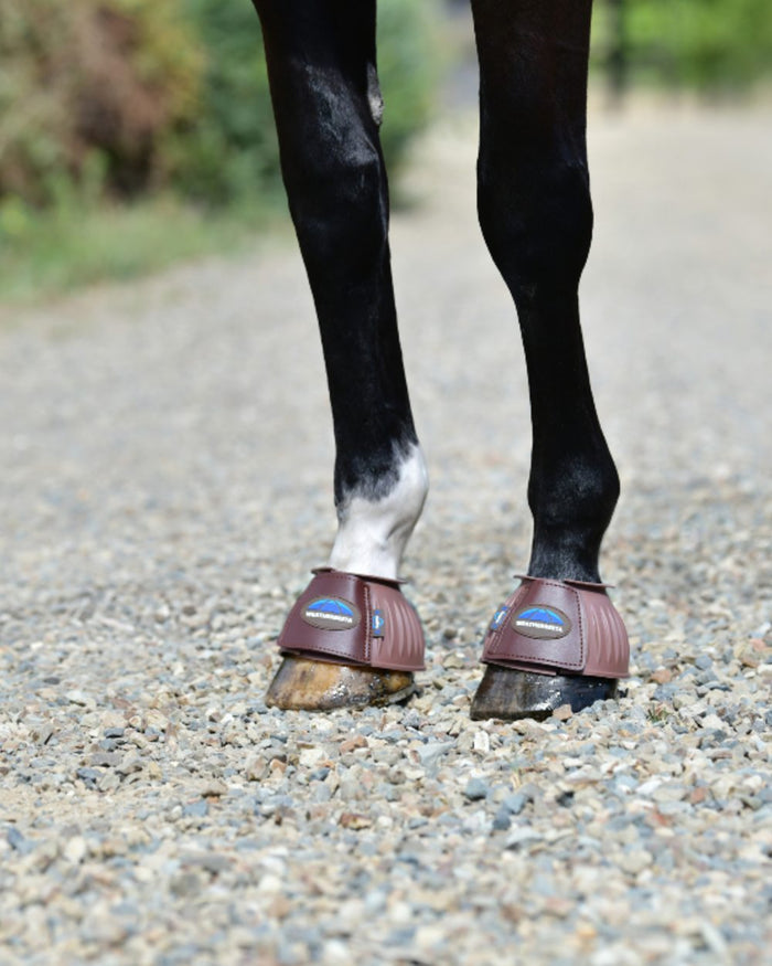 Brown Coloured WeatherBeeta Tough-Tec Prime Rubber Bell Boots on horse background #colour_brown