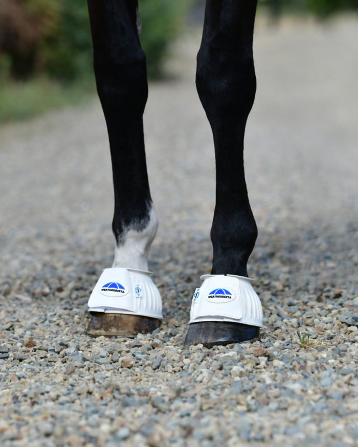 White Coloured WeatherBeeta Tough-Tec Prime Rubber Bell Boots on horse background #colour_white