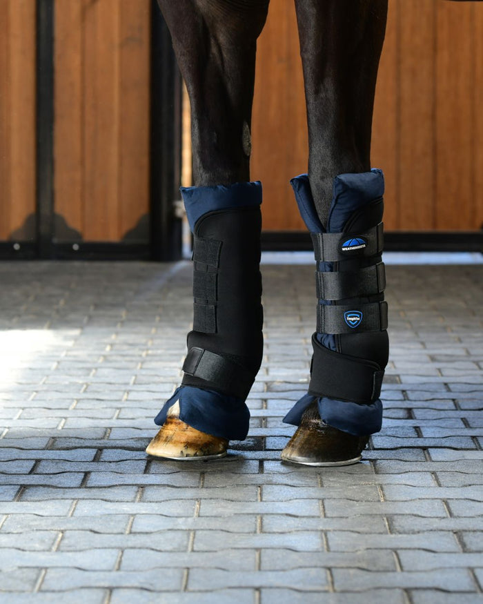 Black Navy Coloured WeatherBeeta Tough-Tec Stable Boot Wraps on horse background #colour_black-navy