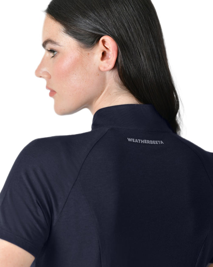 Navy coloured WeatherBeeta Womens Bamboo Short Sleeve Performance Base Layer on white background #colour_navy
