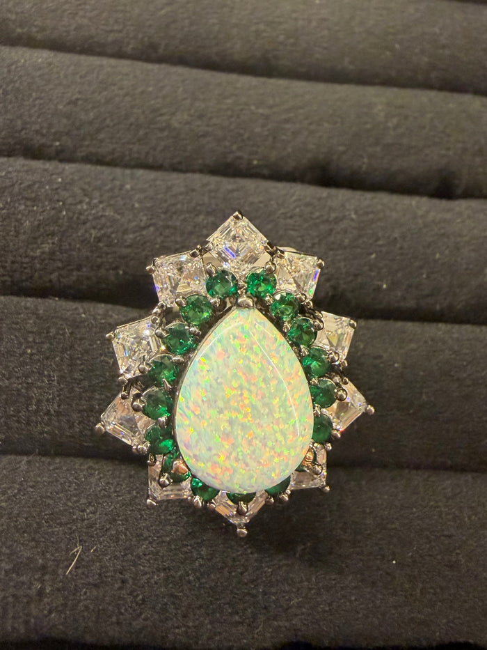 White Opal & Green Stone Halo Ring