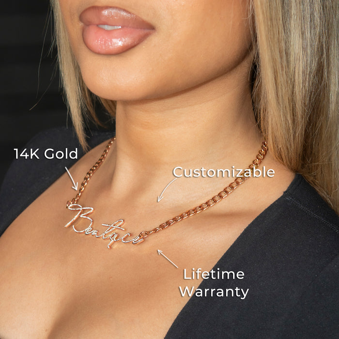 Women Jewelry - Rose Gold Iced Out VVS Name Necklace | Style # N39