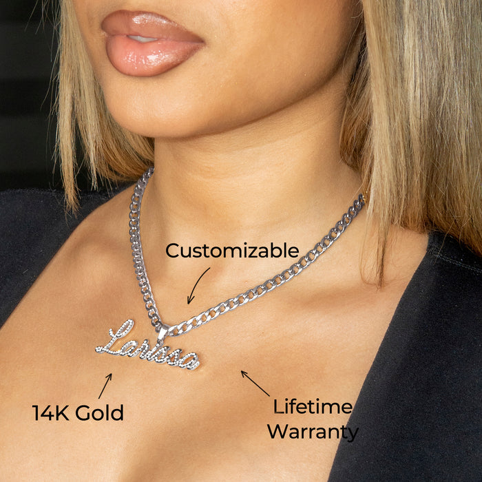 Women Jewelry - White Gold Iced Out VVS Name Necklace | Style # N26
