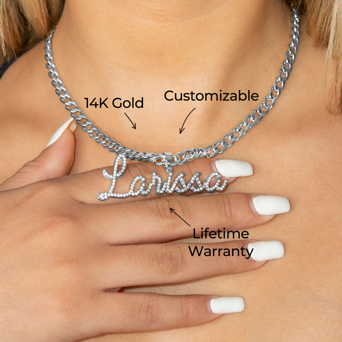 Women Jewelry - White Gold Iced Out VVS Name Necklace | Style # N27