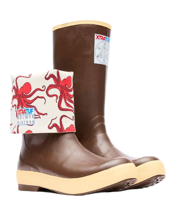 White Octopus Coloured Xtratuf Womens 15" Salmon Sisters Legacy Fishing Boots on white background #colour_white-octopus