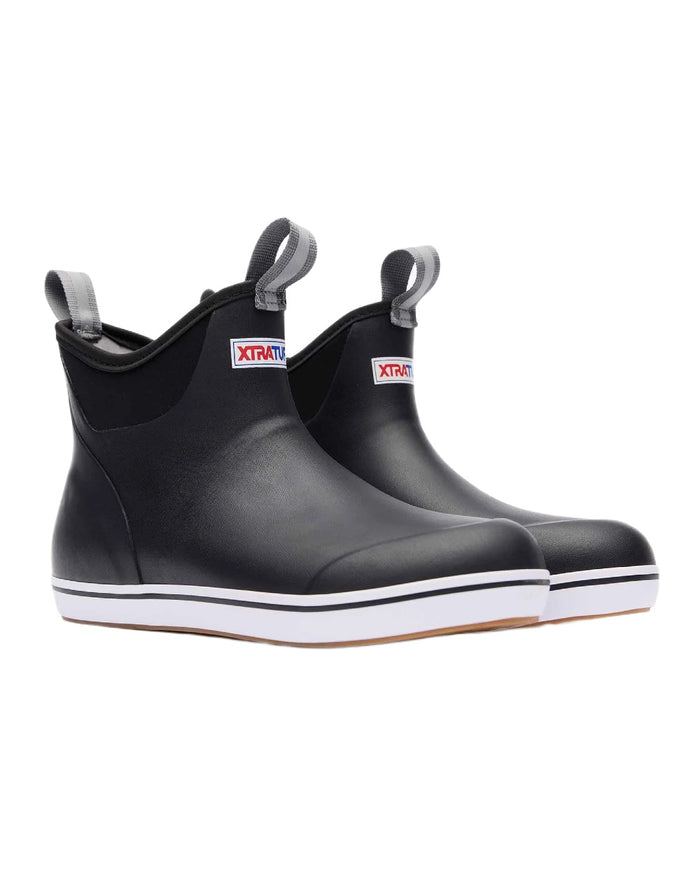 Black Coloured Xtratuf Womens 6" Ankle Deck Boots on white background #colour_black