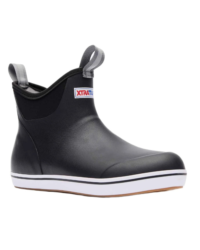 Black Coloured Xtratuf Womens 6" Ankle Deck Boots on white background #colour_black