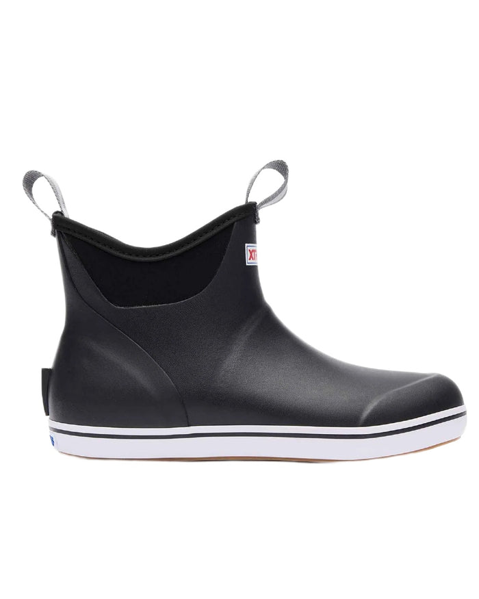 Black Coloured Xtratuf Womens 6" Ankle Deck Boots on white background #colour_black